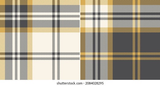 Plaid pattern in grey, gold, beige. Herringbone textured seamless large tartan check vector for spring summer autumn winter flannel shirt, blanket, duvet cover, other modern fashion fabric design.