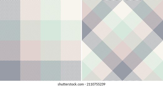 Plaid pattern in grey, powder pink, mint green, off white. Seamless herringbone textured buffalo check tartan for spring summer autumn winter flannel shirt, scarf, blanket, other modern fabric print.