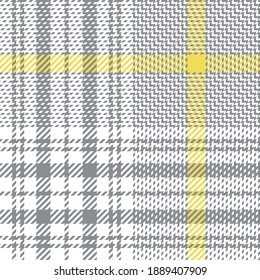 Plaid pattern in grey, yellow, white. Glen checked plaid tartan background texture for jacket, skirt, trousers, blanket, or other modern spring summer tweed textile design.