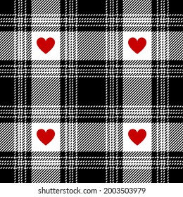Plaid pattern with hearts for Valentines Day in black, red, white. Seamless ombre tartan check plaid graphic vector for flannel shirt, skirt, blanket, other modern winter fashion fabric design.