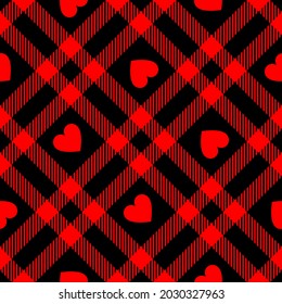 Plaid pattern with hearts for Valentines Day in red and black. Seamless tartan check plaid background for dress, skirt, blanket, gift paper, other modern spring summer autumn winter fashion textile.