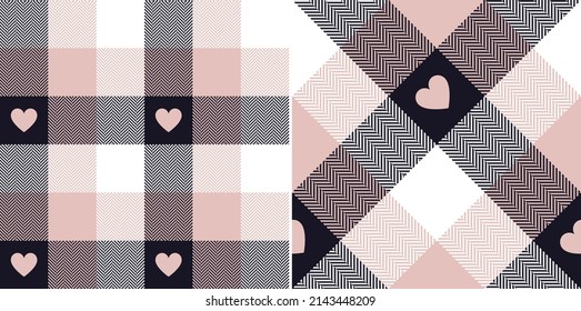 Plaid pattern with hearts for Valentines Day in black, powder pink, white. Seamless tartan buffalo check plaid set for flannel shirt, scarf, blanket, other modern spring summer autumn winter print.