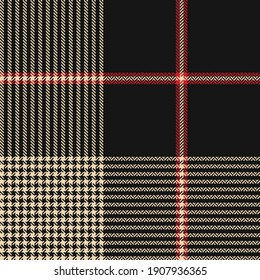 Plaid pattern herringbone in black, red, beige. Seamless dark autumn winter textured Scottish tartan check plaid background for blanket, duvet cover, other trendy fashion textile print.