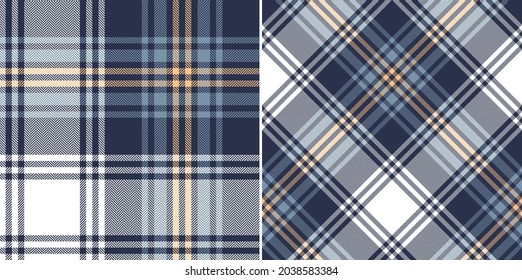 Plaid pattern herringbone in blue, soft yellow, white for blanket, duvet cover, throw, poncho. Seamless modern large tartan check design for spring summer autumn winter fashion textile print.