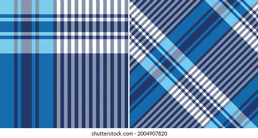 Plaid pattern herringbone in bright blue and white. Seamless textured large tartan plaid graphic for flannel shirt, blanket, duvet cover, other modern spring summer autumn winter fashion fabric print.