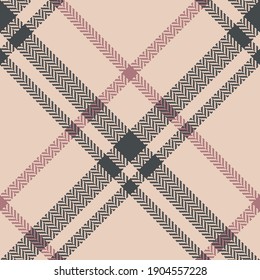 Plaid pattern herringbone in grey, pink, beige. Textured seamless tartan check vector for flannel shirt, skirt, tablecloth, blanket, or other modern spring autumn winter fashion textile design.