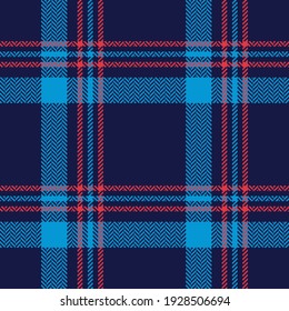 Plaid pattern herringbone in navy blue, bright blue, red. Seamless dark tartan check plaid graphic for flannel shirt, skirt, duvet cover, throw, other modern autumn winter fashion textile design.