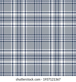 Plaid pattern herringbone in navy blue, grey, white. Seamless tartan check background graphic for flannel shirt, scarf, blanket, poncho, other modern spring autumn winter fashion textile print.