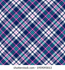 Plaid pattern herringbone in pink, blue, green, white. Bright colorful seamless textured tartan graphic for spring summer flannel shirt, skirt, throw, other modern womenswear fashion textile print.