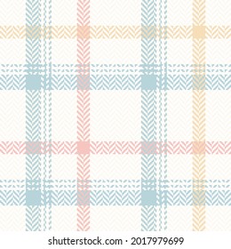 Plaid Pattern Herringbone For Spring In Pastel Blue, Pink, Yellow, White. Seamless Light Windowpane Tartan Check Graphic Background For Scarf, Jacket, Coat, Other Modern Fashion Textile Print.