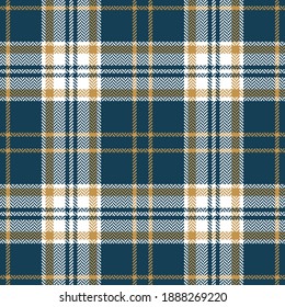 Plaid pattern herringbone texture in blue, gold, and white. Seamless tartan checked background graphic for flannel shirt, skirt, or other modern spring autumn winter fashion textile print.