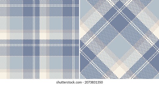 Plaid pattern with herringbone texture for blue and beige. Seamless asymmetric soft light tweed tartan check plaid vector illustration set for flannel shirt, dress, skirt, blanket, other fabric print.