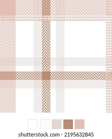 Plaid pattern with herringbone texture in brown beige ombre. Seamless asymmetric soft light tweed tartan check plaid vector illustration for fashion textiles, wallpaper, banner, packaging.