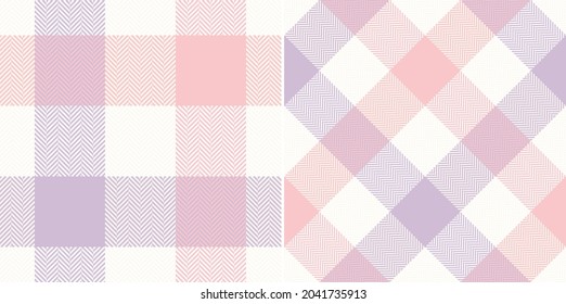 Plaid pattern with herringbone texture in pastel lilac purple, pink, off white. Seamless large tartan buffalo check. Light gingham vichy for flannel shirt, skirt, blanket, other spring summer print.