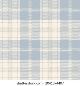 Plaid pattern in light blue and beige. Herringbone textured seamless autumn winter soft cashmere tartan check plaid for flannel shirt, blanket, duvet cover, other modern fashion textile print.