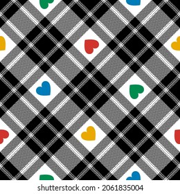 Plaid pattern with love hearts for Valentines Day in black, red, green, yellow, white. Seamless multicolored dark tartan check for blanket, duvet cover, flannel shirt, skirt, scarf, other textile.