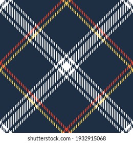 Plaid pattern multcolored in blue, red, yellow, white. Textured seamless background tartan check graphic for flannel shirt, skirt, other modern everyday spring autumn winter fashion textile design.