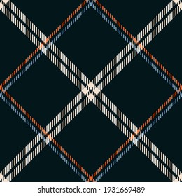 Plaid pattern multicolored in dark brown, blue, orange, off white. Textured seamless tartan vector background for flannel shirt, scarf, skirt, throw, other modern autumn winter fashion textile print.