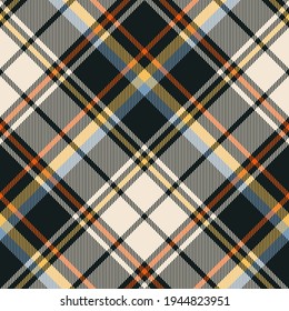 Plaid pattern multicolored in dark brown, orange, blue, yellow, off white. Textured autumn winter seamless tartan check graphic for flannel shirt, blanket, duvet cover, other fashion textile design.