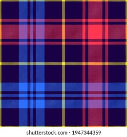 Plaid pattern in navy blue, bright red, neon yellow. Seamless textured multicolored tartan check graphic vector background for autumn winter blanket, duvet cover, other trendy fashion textile print.