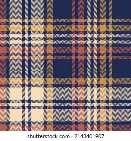 Plaid pattern in navy blue, brown, gold, beige for autumn winter. Seamless large asymmetric multicolored herringbone tartan check for scarf, blanket, duvet cover, other modern holiday fabric print.