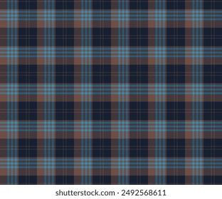 Plaid pattern, navy blue, brown, blue, seamless for textiles and design clothing, skirts, pants, aprons, tablecloths, blankets or decorative fabrics. Vector illustration.