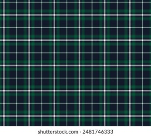 Plaid pattern, navy blue, green, white, seamless for textiles, and for designing clothing, skirts, pants or decorative fabric. Vector illustration.