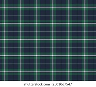 Plaid-Muster, Marineblau, Grün, Weiß, nahtlos für Textilien und Design von Kleidung, Röcken, Hosen, Schürzen, Tischdecken, Decken oder dekorativen Stoffen. Vektorgrafik.