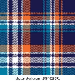 Plaid pattern in navy blue, orange, white. Seamless herringbone textured large tartan check for spring autumn winter flannel shirt, scarf, blanket, duvet cover, other modern fashion textile print.