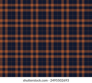 Plaid pattern, navy blue, orange, seamless for textiles and designing clothing, skirts, pants, aprons, tablecloths, blankets or decorative fabrics. Vector illustration.