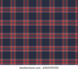 Plaid pattern, navy blue, orange, white, yellow, seamless pattern for textiles and design clothing, skirts, pants, aprons, tablecloths, blankets or decorative fabrics. Vector illustration.