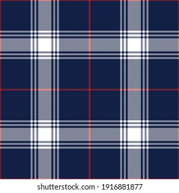 Plaid pattern in navy blue, red, white. Seamless textured classic tartan check plaid graphic art for flannel shirt, skirt, blanket, duvet cover, other modern autumn winter fashion textile design.