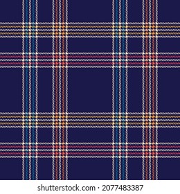 Plaid pattern in navy blue, red, orange, yellow, beige. Seamless multicolored textured tartan check illustration set for flannel shirt, skirt, blanket, duvet cover, other modern fashion textile print.