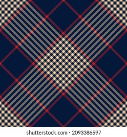 Plaid pattern in navy blue, red, beige for scarf, blanket, throw, duvet cover. Seamless herringbone textured dark tartan vector illustration for modern spring autumn winter fashion textile design.