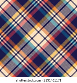 Plaid pattern in navy blue, red, orange, yellow, beige. Seamless herringbone large diagonal multicolored tartan for scarf, blanket, duvet cover, other spring autumn winter fashion fabric print.