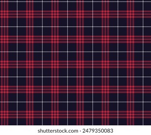 Plaid pattern, navy blue, red, white, seamless for textiles, and for designing clothing, skirts, pants or decorative fabric. Vector illustration.