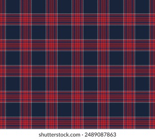 Plaid pattern, navy blue, red, blue, white, seamless pattern for textiles and design clothing, skirts, pants, aprons, tablecloths, blankets or decorative fabrics. Vector illustration.