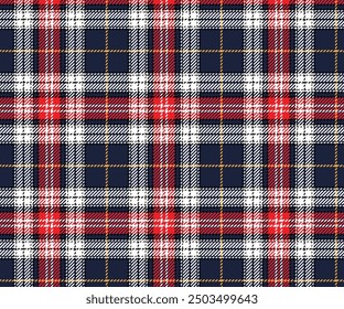 Plaid pattern, navy blue, red, white, yellow, seamless pattern for textiles and design clothing, skirts, pants, aprons, tablecloths, blankets or decorative fabrics. Vector illustration.