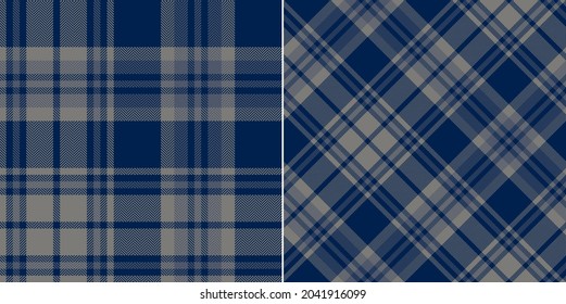 Plaid pattern in navy blue and stone grey. Seamless herringbone textured large dark tartan check set for flannel shirt, blanket, duvet cover, throw, scarf, other modern autumn winter fashion textile.