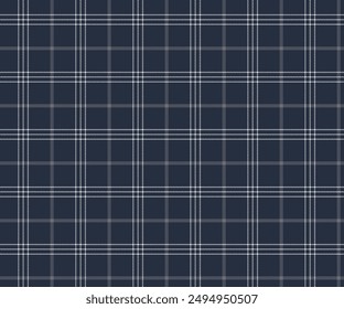 Plaid pattern, navy blue, white, seamless for textiles and design clothing, skirts, pants, aprons, tablecloths, blankets or decorative fabrics. Vector illustration.