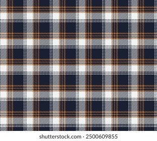Patrón de cuadros, azul marino, blanco, amarillo, sin costuras para textiles y diseño de ropa, faldas, pantalones, delantales, manteles, mantas o telas decorativas. Ilustración vectorial.
