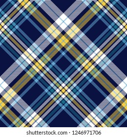 Plaid pattern in navy, blue, yellow and white.