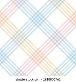 Plaid pattern pastel in blue, pink, yellow, white. Seamless herringbone textured multicolored light tartan check plaid for skirt, blanket, duvet, other modern spring summer fashion textile print.