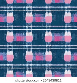Geplakt patroon, roze en blauw geplakt op een donkere marine achtergrond, grunge lijnen ikat patroon, ikat naadloos patroon, Vector illustratie achtergrond voor het afdrukken van het papier.