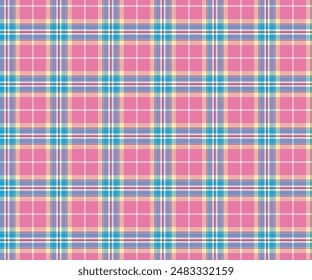 Plaid pattern, pink, yellow, blue, white, black, seamless for textiles and design clothing, skirts, pants, aprons, tablecloths, blankets or decorative fabrics. Vector illustration.