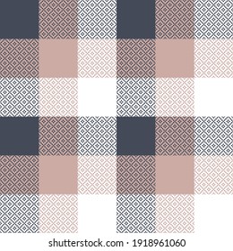 Plaid Pattern Pixel Art In Grey, Pink, White. Decorative Seamless Buffalo Check Background For Flannel Shirt, Gift Wrapping Paper, Tablecloth, Other Modern Spring Summer Fashion Textile Design.