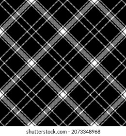Plaid pattern print in black and white for for skirt, jacket, scarf, bag, throw, dress. Seamless classic dark pixel textured tartan vector illustration for modern autumn winter fashion textile design.