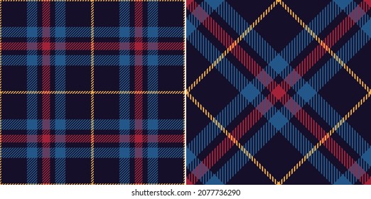 Plaid pattern print in blue, red, yellow. Seamless simple textured dark tartan check plaid vector illustration for autumn winter flannel shirt, skirt, blanket, duvet cover, other modern fabric design.