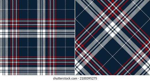 Plaid pattern print in navy blue, red, white. Seamless dark bright tartan check vector illustration for flannel shirt, blanket, throw, other modern spring summer autumn winter fashion textile design.