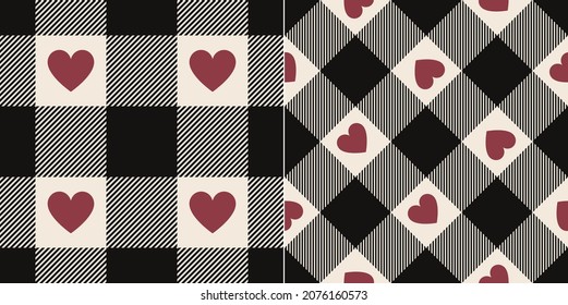 Plaid pattern print for Valentines Day with hearts in black, red pink, off white. Seamless large buffalo check tartan set for spring autumn winter flannel shirt, duvet cover, other textile design.